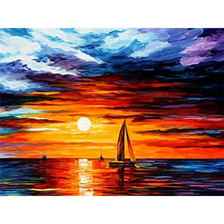 Diamond Painting Set, Bild mit Motiv Segelschiff im Sonnenuntergang und Zubehör, Größe ca. 35 x 25 cm, Bastelset zum Malen mit Glitzersteinchen für Kinder ab 5 Jahren – Bild 1