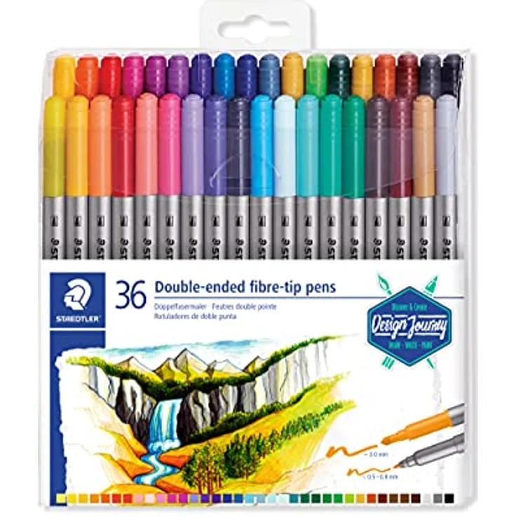 STAEDTLER Doppelfasermaler, zwei Spitzen für schmale und breite Linien, Klarfaltetui mit 36 leuchtenden Farben, 3200 TB36