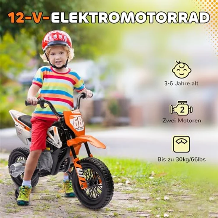 AIYAPLAY Elektro-Kindermotorrad 12V, mit Musik, abnehmbar Trainingsrädern, 2,4-5 km/h, Belastbarkeit 30 kg, Orange – Bild 6