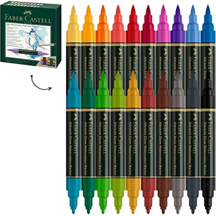Faber-Castell 160320 - Aquarellmarker Albrecht Dürer mit Doppelspitze, 20er Etui, Marker mit Faser- und Pinselspitze, bunt