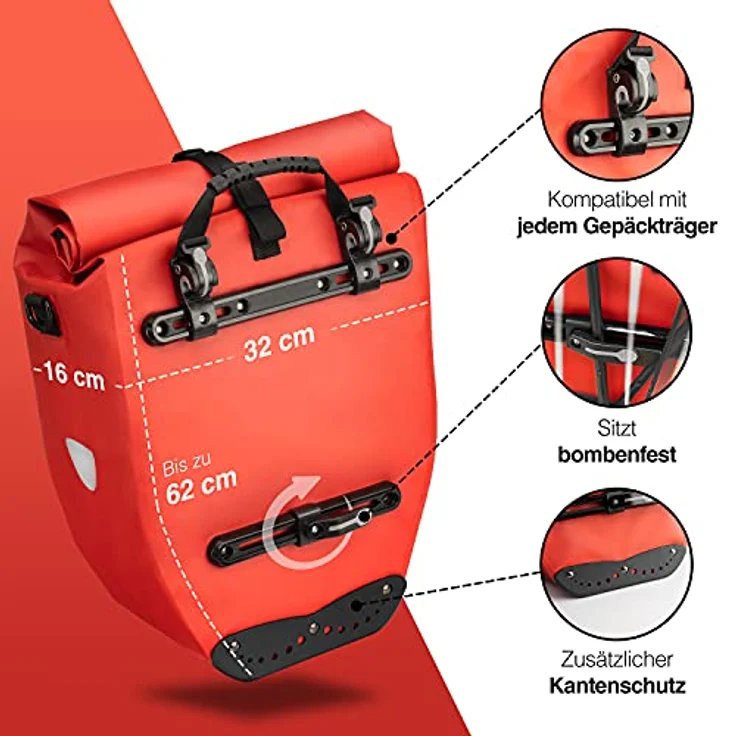 Valkental - Große & wasserdichte Gepäckträgertasche - 28L Füllvolumen - Fahrradtasche für Gepäckträger mit Reflektoren in Rot – Bild 2