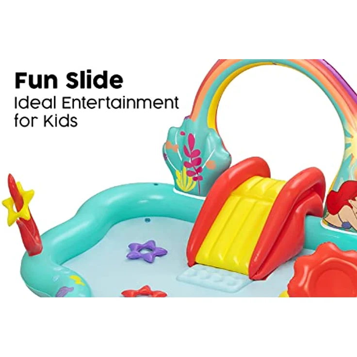 Bestway Wasserspielcenter Little Mermaid 221 x 193 x 117 cm, Lustiges Disney Design, Strapazierfähiges PVC, Integrierte Rutsche, Wassersprinkler, Ball- und Ringwurfspiel, inkl. Zubehör – Bild 5