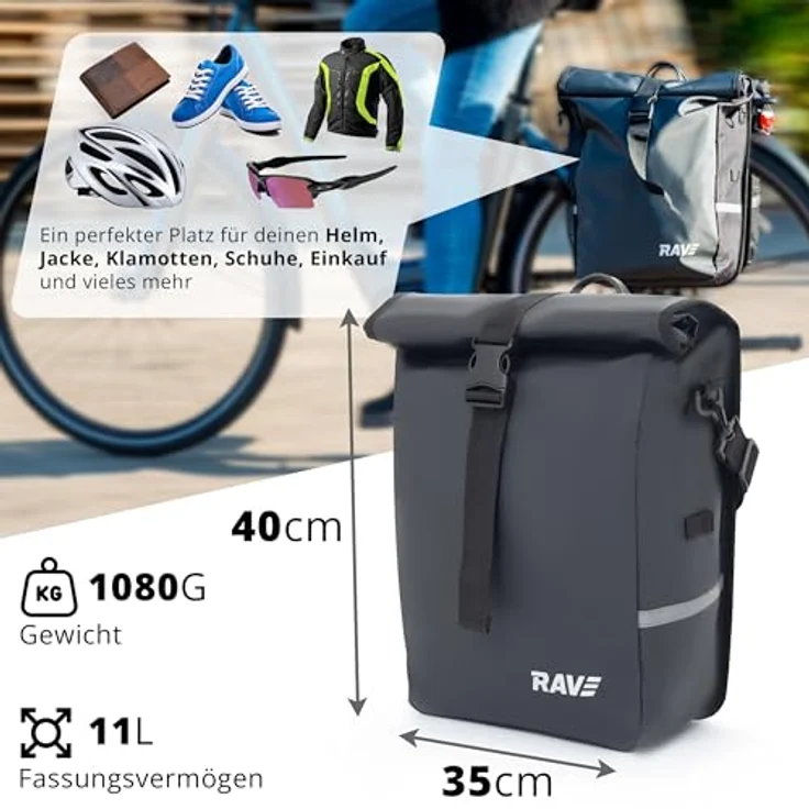 RAVE Fahrradtasche Gepäckträgertasche Voyage (Paar) - Wasserfest, Easy-Click-System, Netz-Seitentasche - Schwarz – Bild 3