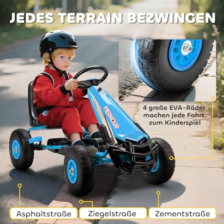 AIYAPLAY Go-Kart Tretauto mit verstellbarem Sitz, Handbremse und Vor- und Rückwärtsgang, für Kinder 3-8 Jahre, Blau – Bild 5