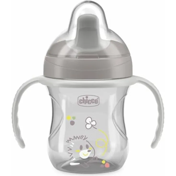 Chicco Training Trinklernbecher, auslaufsicherer Kunststoffbecher mit ergonomischer halbweicher Tülle, Ventil und abnehmbaren Griffen, Grau, geeignet für Babies ab 6 Monaten
