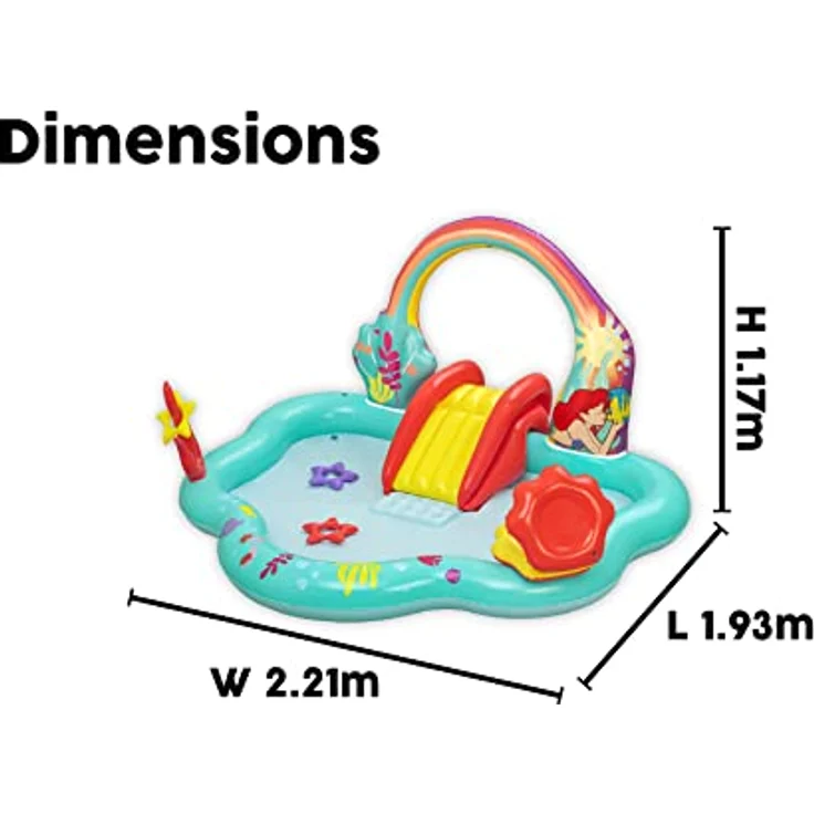 Bestway Wasserspielcenter Little Mermaid 221 x 193 x 117 cm, Lustiges Disney Design, Strapazierfähiges PVC, Integrierte Rutsche, Wassersprinkler, Ball- und Ringwurfspiel, inkl. Zubehör – Bild 3