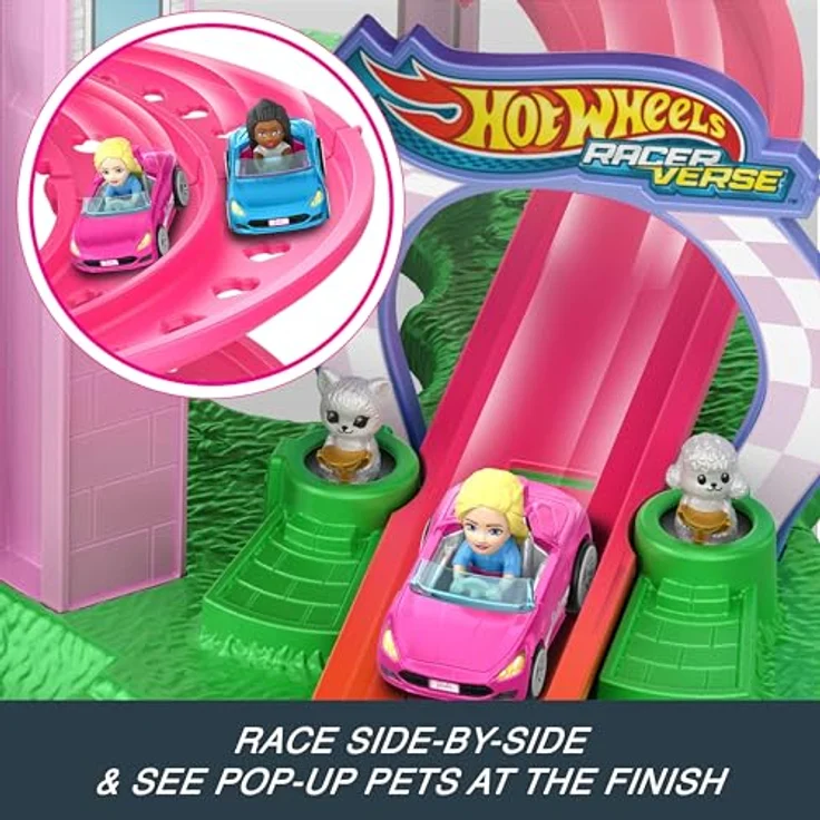 Mattel Hot Wheels RacerVerse Barbie-Streckenset, 5-stufig mit Barbie Malibu und Brooklyn Figuren, inklusive Zubehörteile in pink – Bild 3