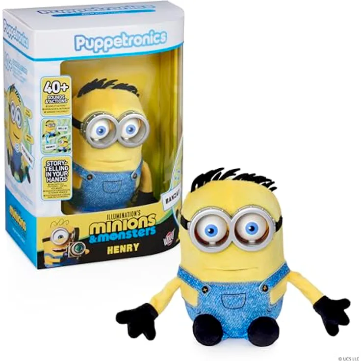 WOW! STUFF Minions Palm Puppetronic – Henry | Interaktive Spielfigur mit 40+ Sounds und beweglichem Mund | Blinkendes Auge & Kommunikationsoptionen mit James & Dick