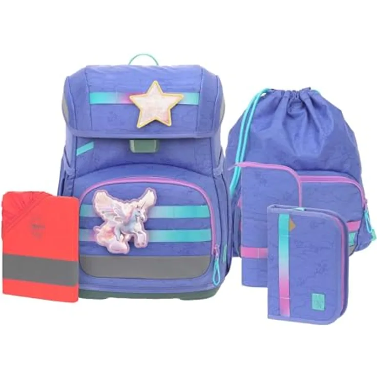 LÄSSIG Schulranzen Set 7-teilig, mit Regenhülle Light Unique, großes Hauptfach, lilac violett