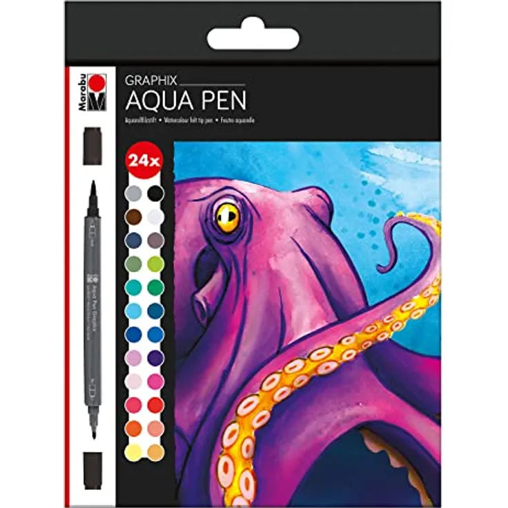 Marabu Aqua Pen Graphix Octopy - 24 Aquarell-Filzstifte Set, brillante Farben, wasserbasierte Tusche, Doppelspitze, aquarellierbar auf Aquarell-Papier