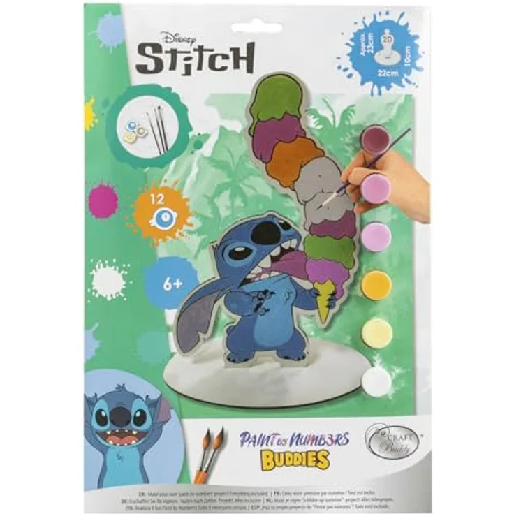 CRYSTAL ART 2D-Figur Stitch zum Bemalen, Set mit Bild, lebendigen Farben und Pinsel, 23 cm hoch, kreatives Bastelset für Kinder