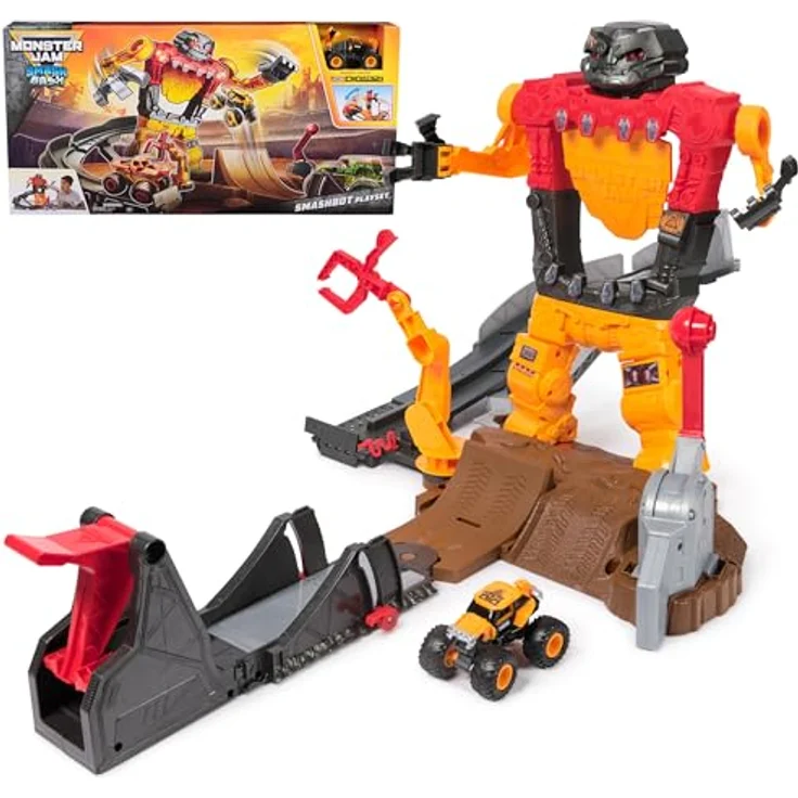 Monster Jam 1:64 Smash & Bash Smashbot Playset, mit verstellbarem Launcher und reparierbarem Roboter, inklusive Smash & Bash JCB Digatron Truck – Bild 1