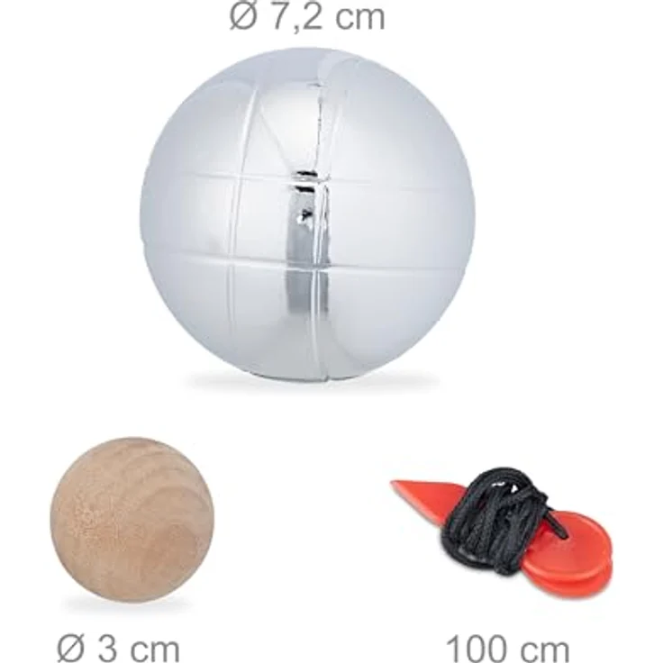 Relaxdays Boule Kugeln, 6 Stahlkugeln mit Zielkugel & Holzkoffer, Boccia Spiel, 72 mm, Natur/Silber – Bild 5