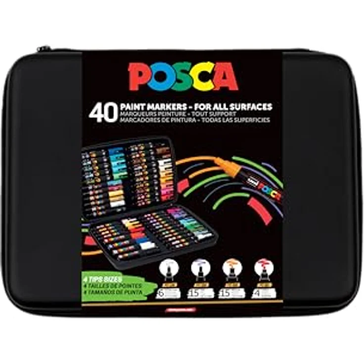 POSCA Uni-Ball 186840, Marker Set mit 40 Acrylstiften in verschiedenen Strichbreiten, wasserfest und hochpigmentiert – Bild 1