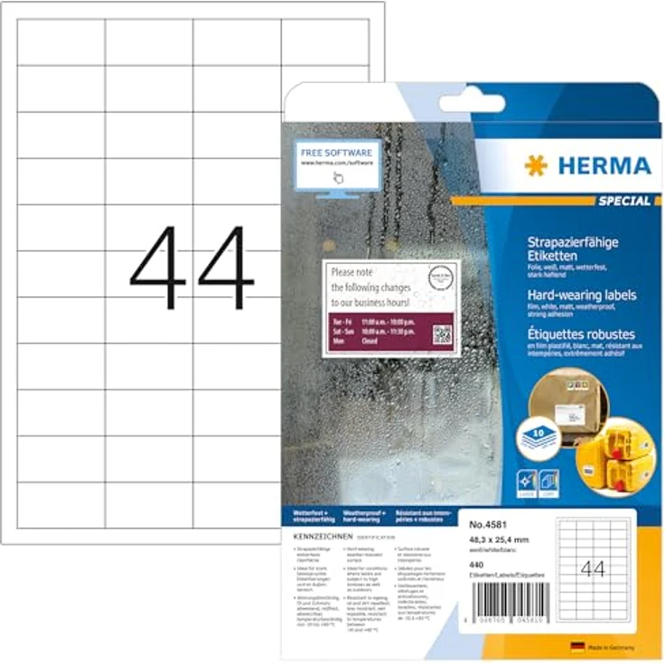 HERMA 440 wetterfeste Folienetiketten 4581, selbstklebend, weiß, 48,3 x 25,4 mm, öl- und schmutzabweisend, UV-beständig, 440 Stück pro Packung – Bild 1