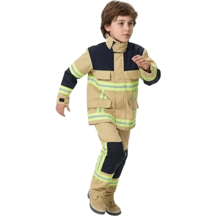 Maskworld Realistisches sandfarbenes Feuerwehrmann-Kostüm für Kinder, 2-teilig mit Jacke und Hose, Größe 104, Verkleidung Karneval und Halloween – Bild 4