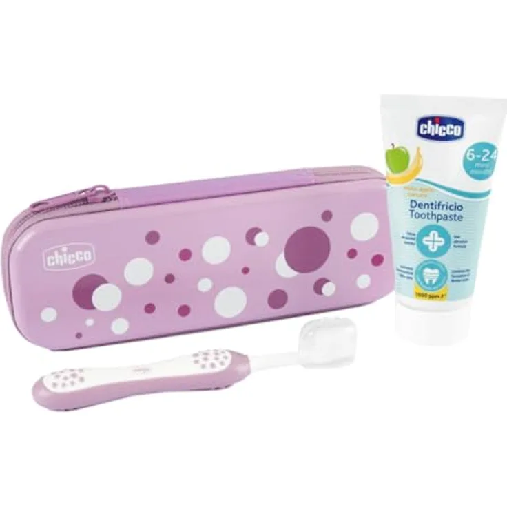 Chicco Baby Zahnbürste und Zahnpasta Set, ergonomische Zahnbürste mit weichen Borsten und Apfel-Bananen-Zahnpasta, für erste Milchzähne, praktisches Case, Reiseset, lila, 6-36 Monate