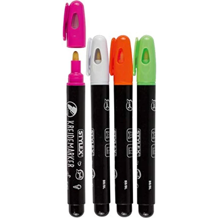 Stylex 32781 - Kreidemarker, 4 Kreidestifte in weiß, orange, grün und pink, Strichstärke 1-3 mm, zum Beschriften von glatten Oberflächen wie Glas, Spiegel, Tafeln – Bild 2