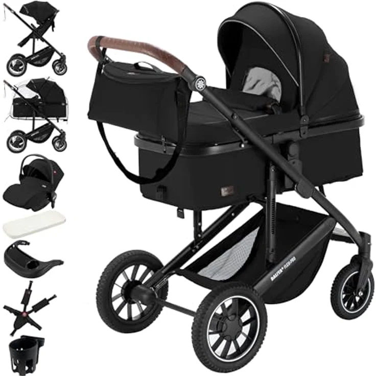 Daliya® FLEXI-PRO M 3in1 Kinderwagen & Buggy mit i-Size Babyschale, Memory-Knöpfen, leicht, großer Einkaufskorb, schwarz – Bild 1