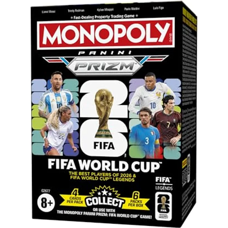 Monopoly Panini Prizm: FIFA World Cup Trading Cards Booster Box, 24 Sammelkarten mit aktuellen Stars und Legenden, Geschenke für Fußballfans