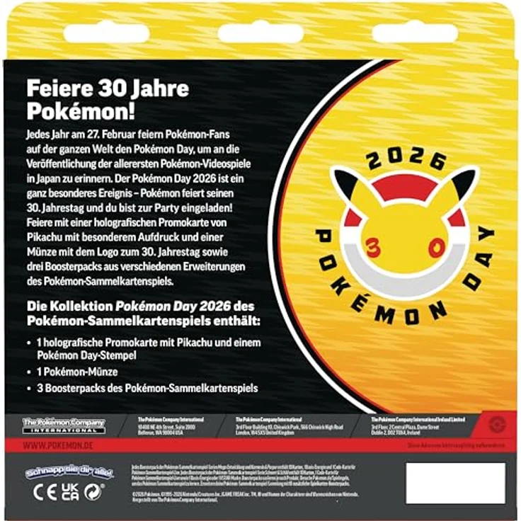 Pokémon Pokémon-Sammelkartenspiel: Kollektion Pokémon Day 2026 mit holografischer Pikachu-Promokarte, 30. Jahrestags-Münze und 3 Boosterpacks – Bild 4