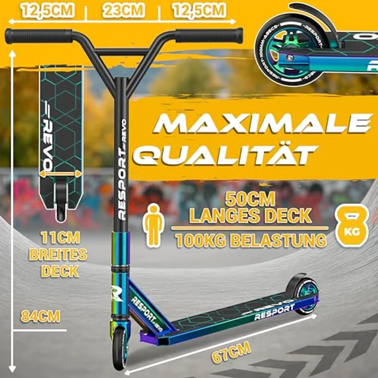 RE:SPORT REVO Stunt Scooter, Profi Stuntroller mit 100mm PU-Rollen, ABEC 9 Kugellager, für Kinder & Erwachsene, mit Ständer, Y-Bar, rutschfestem Pro-Deck, ergonomischen Griffen – Bild 7