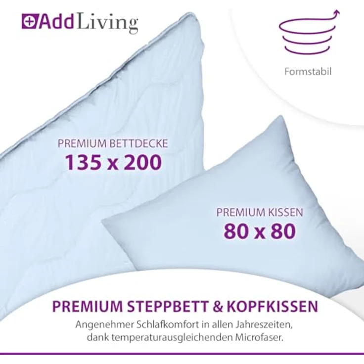 AddLiving Seerzucker 2in1 Bettenset blau, Steppbettdecke 135x200 & Kopfkissen 80x80, atmungsaktiv & waschbar, Öko-Tex 100 zertifiziert, ideal für Kinder – Bild 2