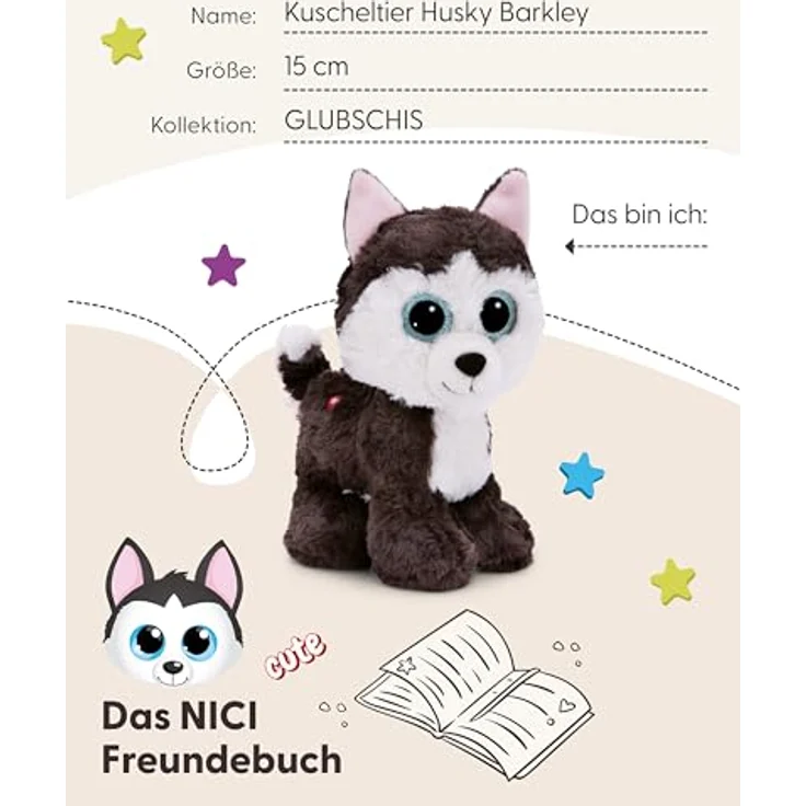 NICI GLUBSCHIS Kuscheltier Hund Husky Barkley 15 cm - Farbenfrohes Stofftier mit großen, niedlichen Glitzeraugen - Rosa Ohren - Original NICI Plüsch-Fell - Sammelfieber - 49398 – Bild 5