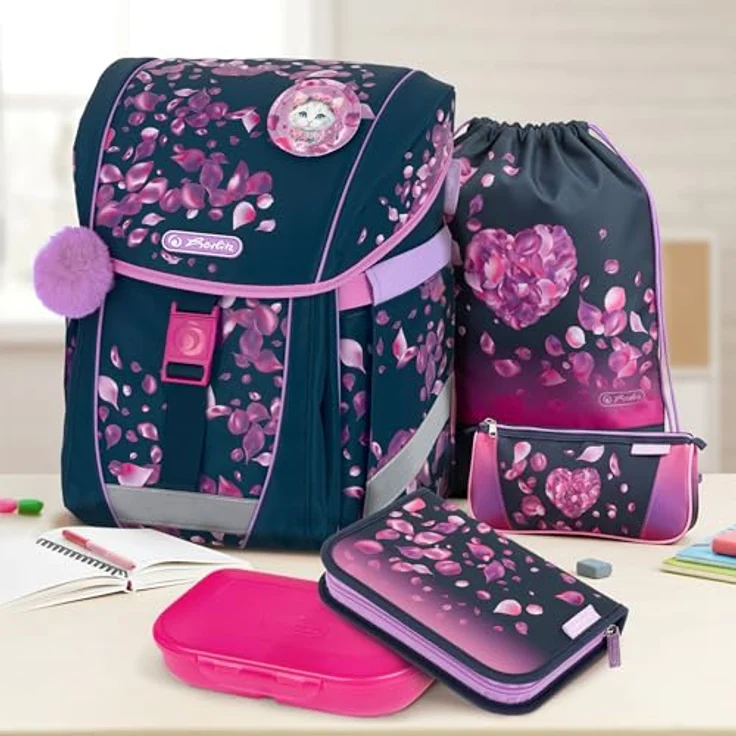 Herlitz Schulranzen FiloActive Plus Blossom Dance Kitten, 6-teiliges Set in schwarz-pink-lila mit ergonomischem Rückensystem und wasserabweisender Imprägnierung – Bild 2
