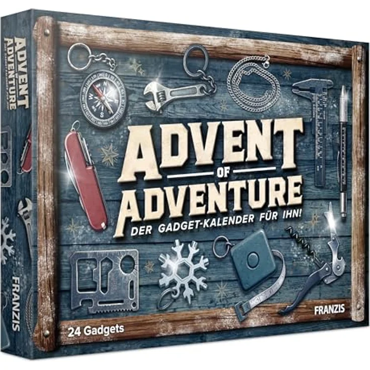 FRANZIS Advent of Adventure, Gadget-Kalender für Ihn mit 24 Alltagshelfern, Knobelspielen, Multitools und Survival-Gadgets – Bild 1