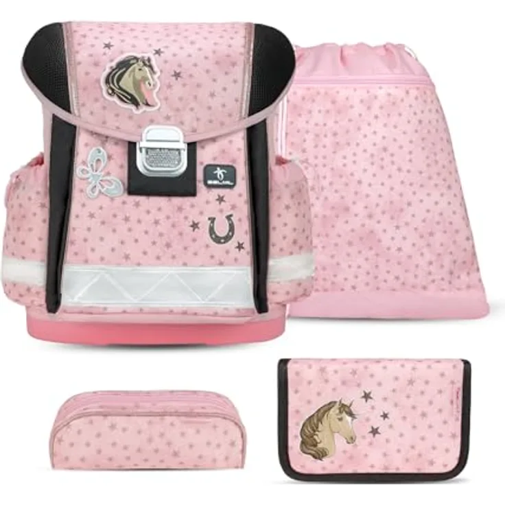 Belmil Classy Schulranzen Set 4-teilig (403-13/AG/S), ergonomisch, wasserdicht, für Grundschule 1.-3. Klasse, Star Horses, 19 L