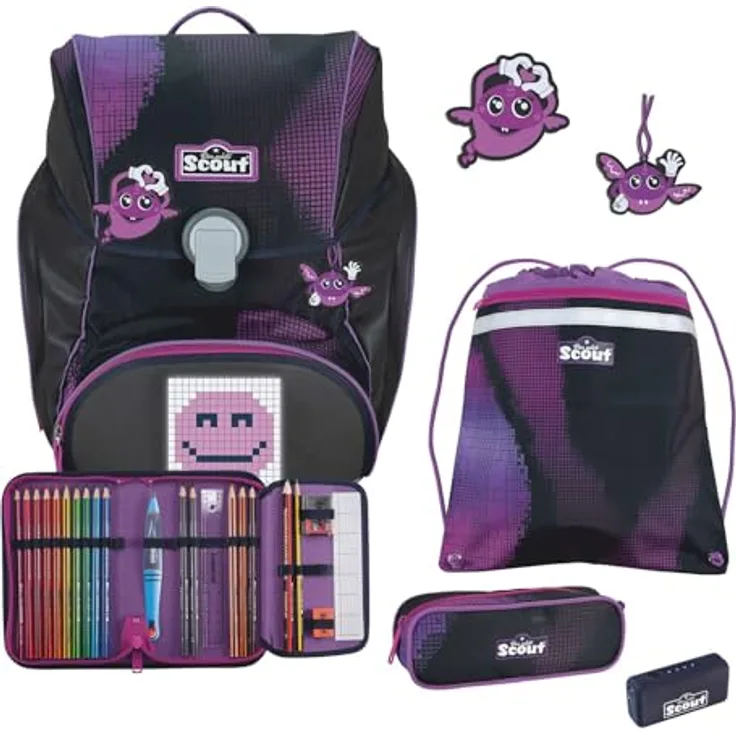 SCOUT Schulranzen Movie Star Alpha Set, 4-teilig, ergonomisch, pink pixel violett mit individuellem Pixel-Design