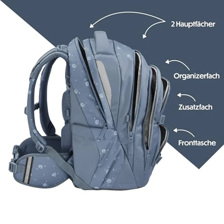 Coocazoo PORTER Schulrucksack „Bloomy Daisy”, hellgrau, ergonomischer Tornister, höhenverstellbar, mit Brust- und Hüftgurt, für die 3. Klasse, 5 Fächer, nachhaltige Materialien – Bild 3