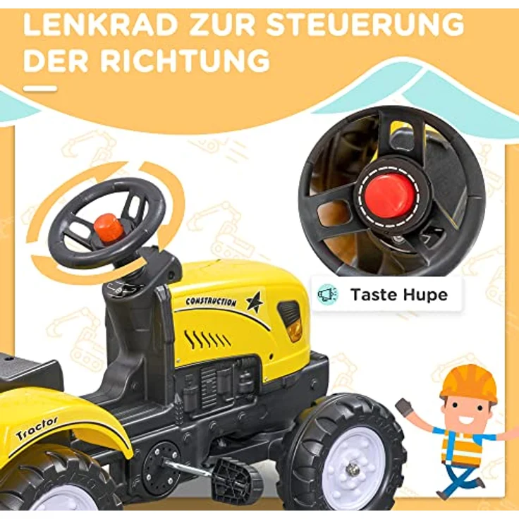 HOMCOM Trettraktor Tretauto Traktor mit AnhГ¤nger Kindertrettraktor Metall Gelb, L133 x B42 x H51cm, für Kinder ab 3 Jahren, mit 6 Rädern für optimale Standfestigkeit - Preisvergleich – Bild 4