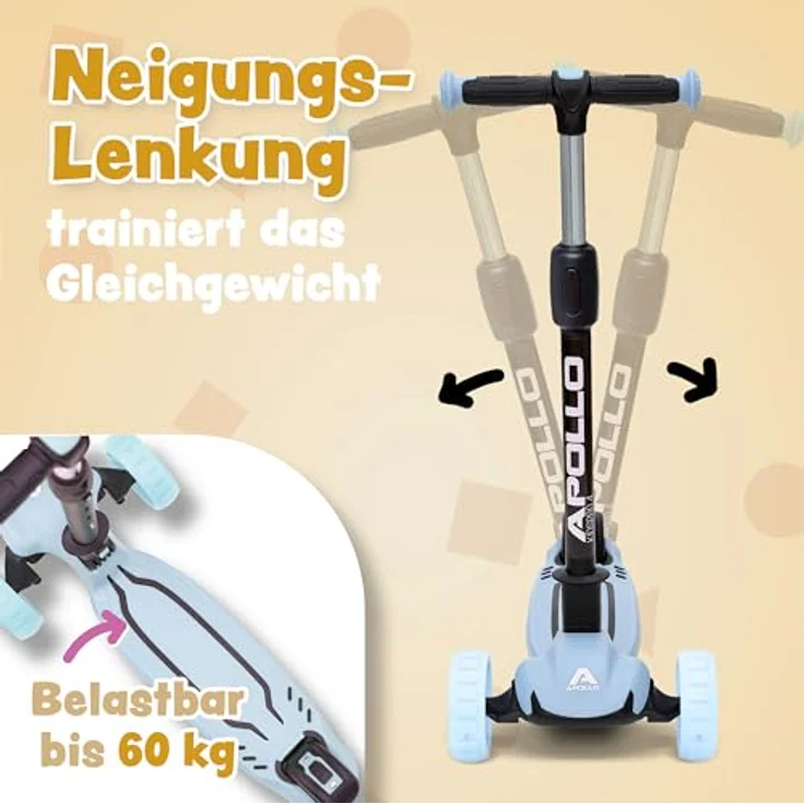 Apollo KidsPro 4 Kinderroller | klappbarer Dreiradscooter für Kinder ab 3 Jahre | höhenverstellbar | LED Rollen | stabil und sicher – Bild 3
