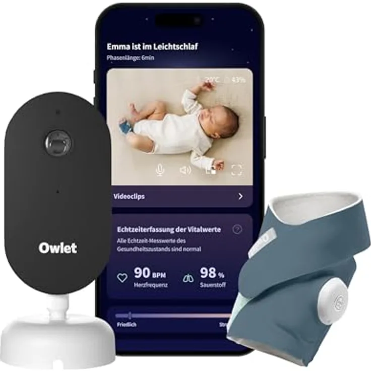 Owlet Dream Duo Smart Baby Monitor – Dream Sock® Sensor, 2K HD Kamera, Puls- & Sauerstoffmessung, Schlafanalyse, WLAN & App-Steuerung, Bedtime Blue