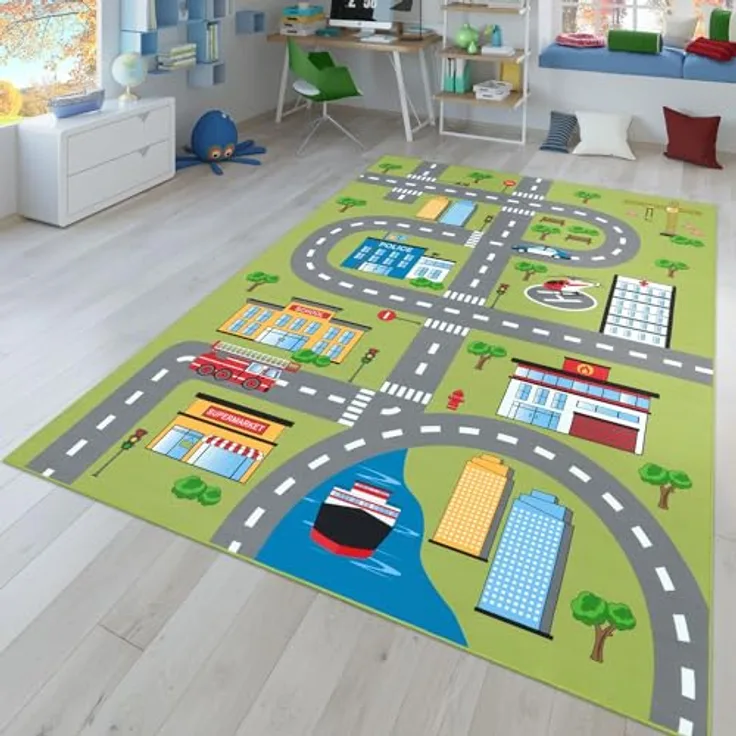 TT Home Kinderzimmerteppich, rutschfester Teppich für Jungen und Mädchen, Farbe: Grün 2, 200 cm quadratisch, aus 100% Polyester, für Fußbodenheizung geeignet