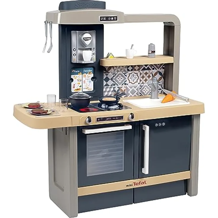 Smoby Tefal Evo Küche, mitwachsende Kinderküche mit Spüle, Herd, Essecke, Wasserhahn und magischer Pancake-Pfanne, viel Zubehör, höhenverstellbar von 50 auf 58 cm