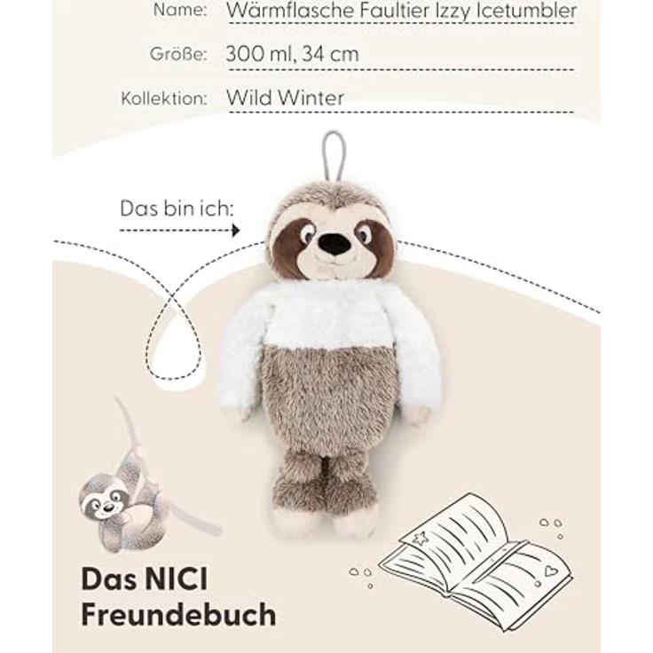 Nici Wärmflasche Winter, Faultier Izzy Icetumbler, 300 ml, 34 cm, 2in1 Kuscheltier & Wärmflasche, braun-weiß, aus recyceltem Material – Bild 5