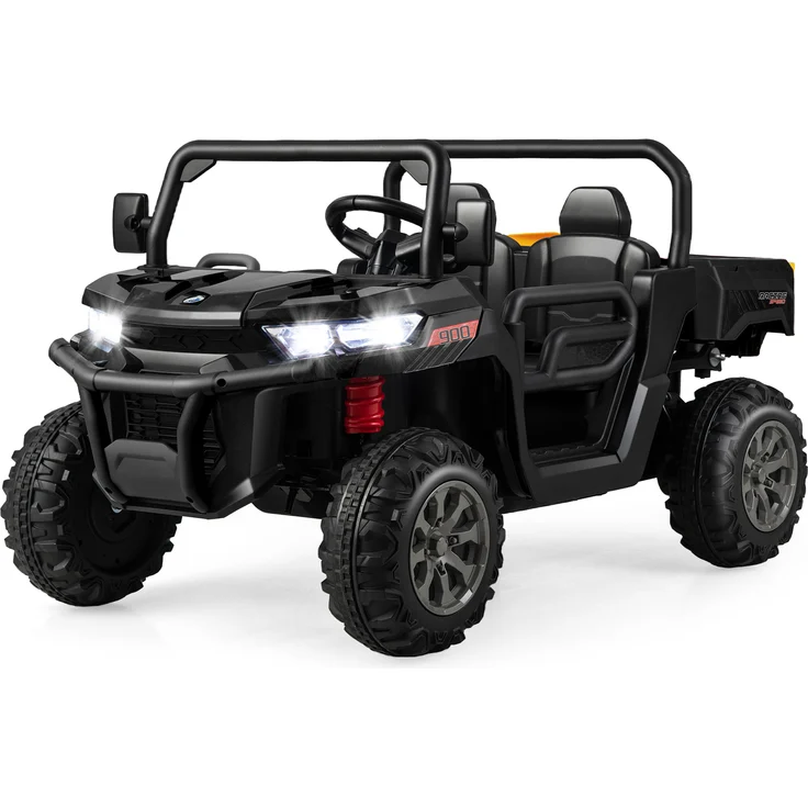 Costway 2 Sitzer Elektroauto mit automatischer Ladefläche, 12V Kinder Muldenkipper in Schwarz mit Musik Hupen Scheinwerfer Fernbedienung & Schaufel