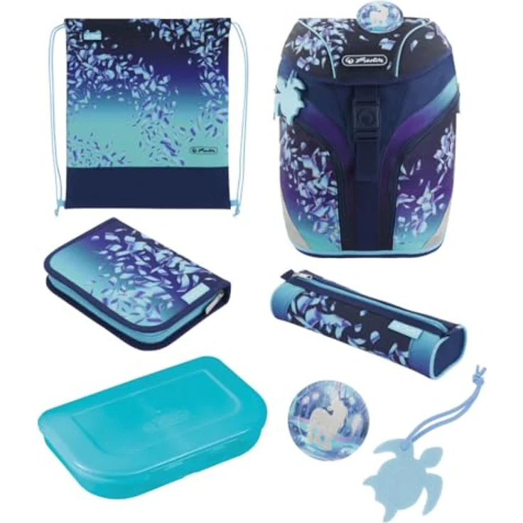 Herlitz Grundschulrucksack SoftLight Plus, Greenline Blue Ice, ergonomisch, 18 Liter, befüllt mit 16-teiligem Etui, Sportbeutel und Brotdose – Bild 1