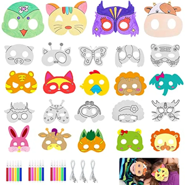 Leikedun 24 Tiermasken Blanko zum Malen mit 18 Aquarell-Pinseln und Bungee-Strings, für Kindergeburtstage und Cosplay