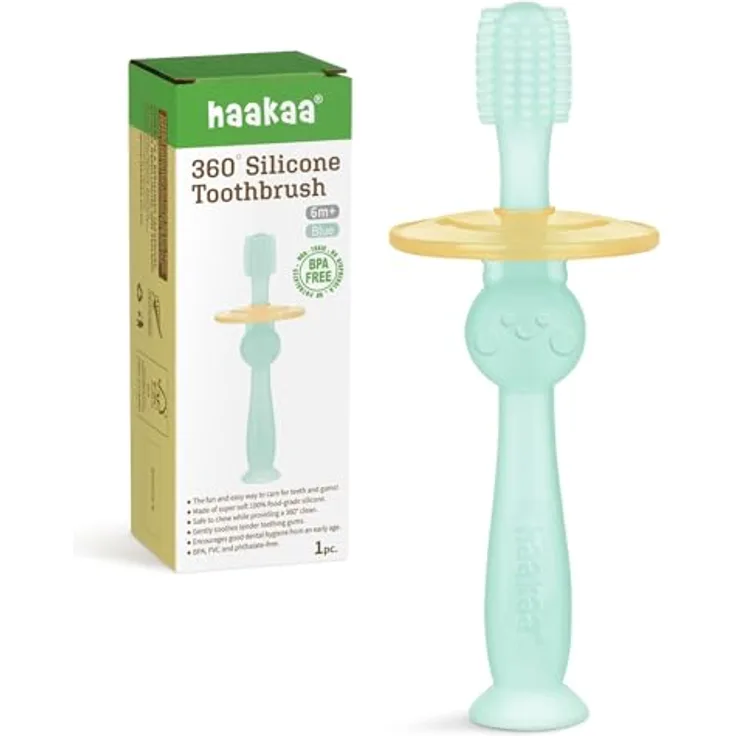 haakaa 360° Baby Zahnbürste mit Saugfuß, lebensmittelechtes Silikon, einstellbarer Sicherheitsschild, blau (1 Stück)