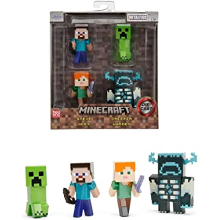 Jada Toys Minecraft Figuren-Set (4 Stück) aus Metall - Sammelfiguren aus Minecraft Caves & Cliffs (Steve, Alex, Creeper und Warden) für Gamer & Sammler ab 8 Jahre, je 6 cm