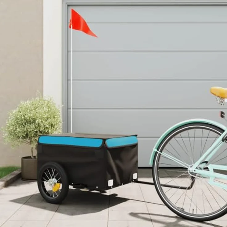 vidaXL Fahrradlastenanhänger Fahrradanhänger Schwarz und Blau 30 kg Eisen, Robuster Anhänger mit Deichsel und Sicherheitsflagge – Bild 2