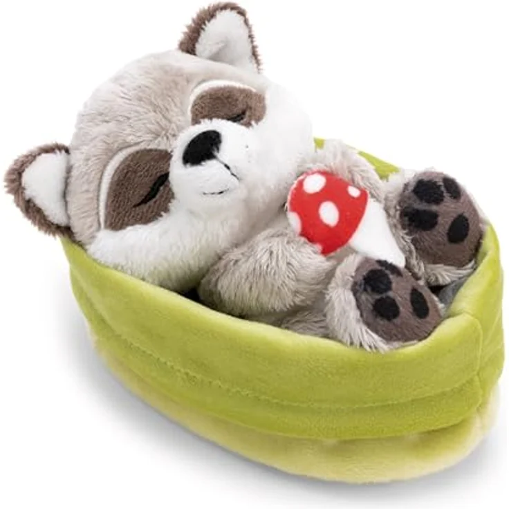 NICI Kuscheltier Waschbär schlafend im Körbchen mit Fliegenpilz - 63123, aus weichem Plüsch für Geborgenheit und Wohlfühlmomente – Bild 1