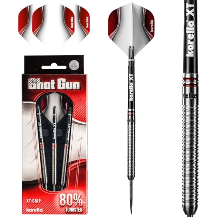 Karella Shotgun 80% Tungsten Steeldart, 22g, für Klassische Dartscheibe, 3 Dartpfeile mit Metallspitze, Dartboard, Wolfram, Profidart mit Flight und Shaft