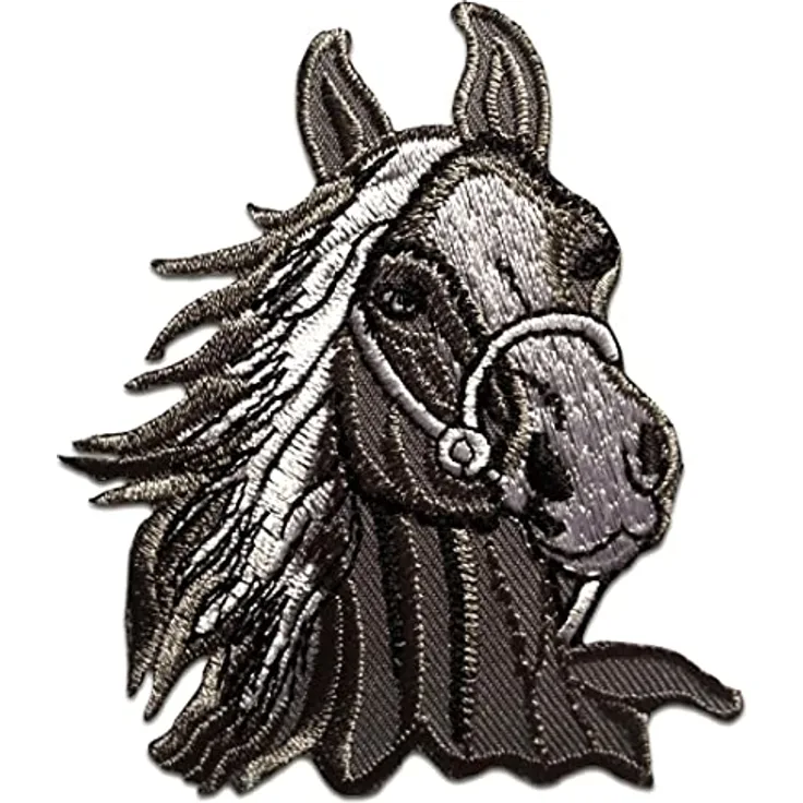 Pferd Hengst Tier - Aufnäher, Bügelbild, Aufbügler, Applikationen, Patches, Flicken, Zum Aufbügeln, Größe: 7,3 x 9 cm, Farbe:grau