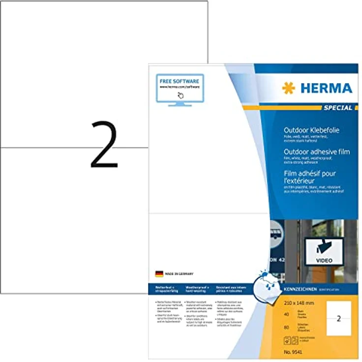 HERMA Folien-Kraftklebe-Etiketten 9541, Weiß, 80 Stück, 210 x 148 mm, selbstklebend, bedruckbar, temperaturbeständig – Bild 1