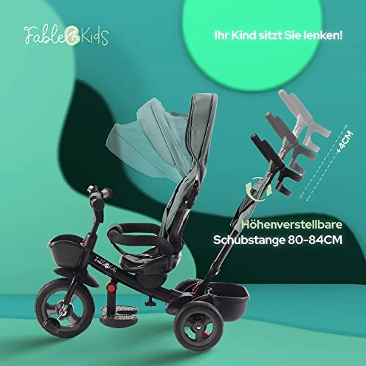 FableKids 5in1 Dreirad Noemi mit Schubstange ab 18 Monate bis 25kg, Vorwärts und Rückwärtsfahrt, PU-Reifen, Freilauf geräumiger, Korb, Tasche, Getränkehalter - Grau – Bild 6